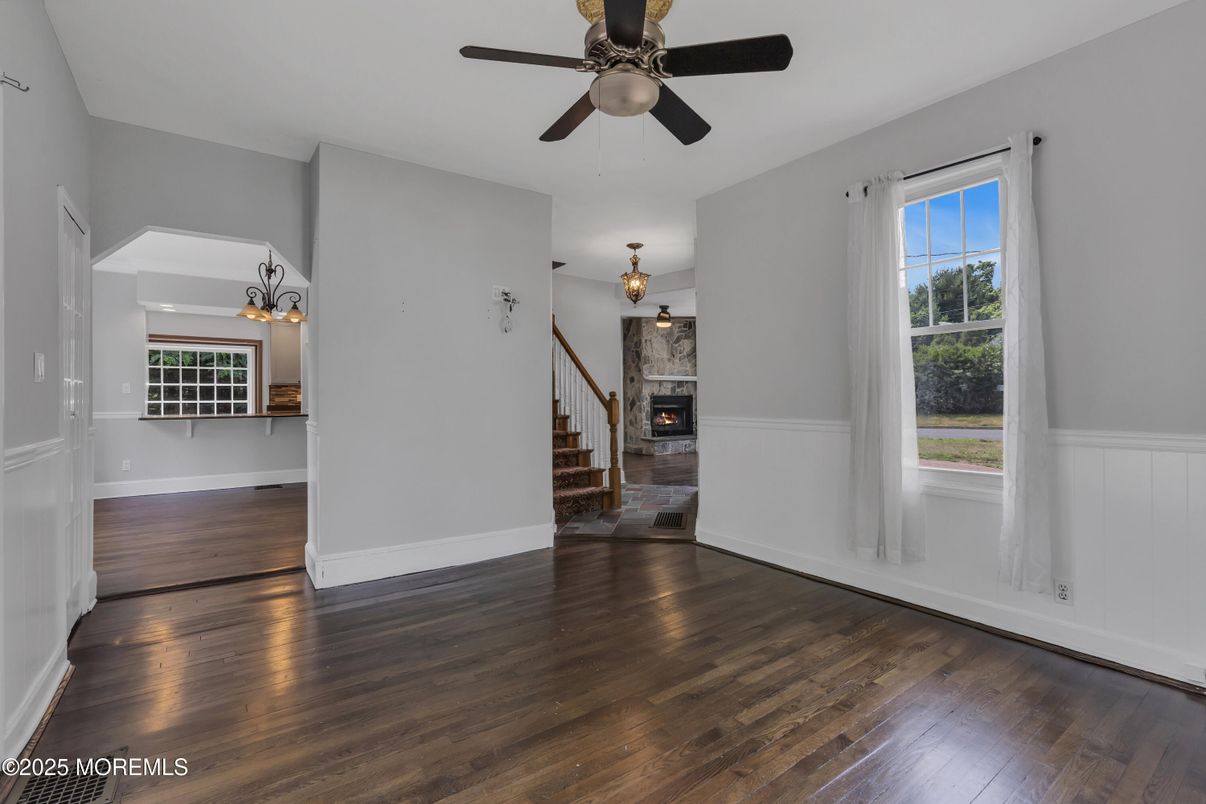 Empty room, Fireplace, Interior, Pendant Lights, Wood Texture Flooring