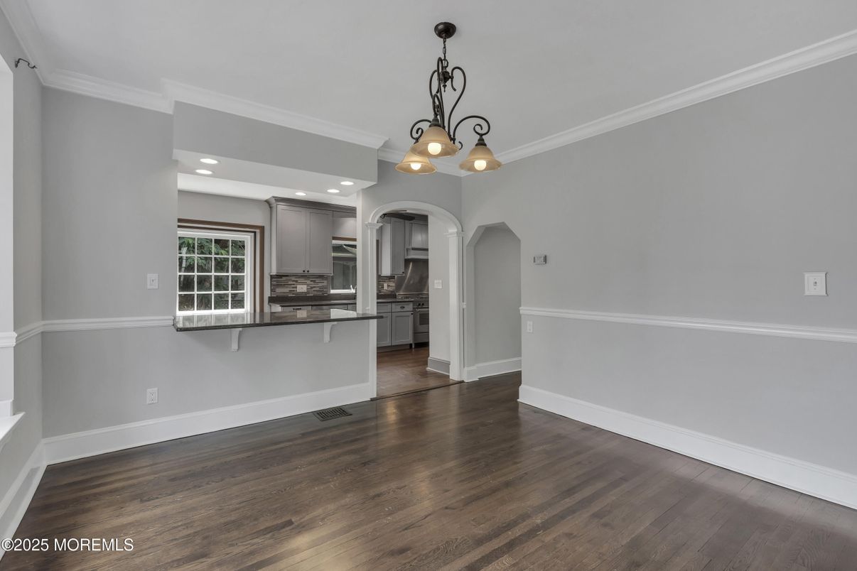 Chandelier, Empty room, Interior, Kitchen, Recessed Lighting, Wood Texture Flooring