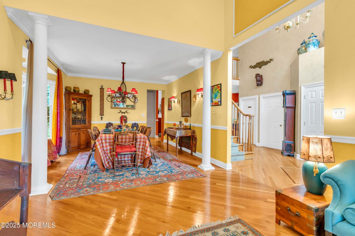 Chandelier, Dining room, Interior, Wood Texture Flooring
