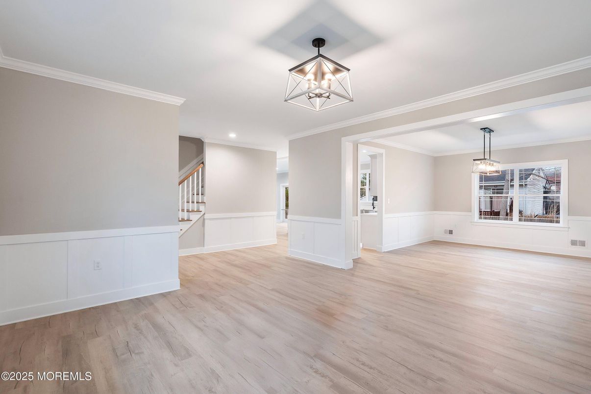 Empty room, Interior, Pendant Lights, Recessed Lighting, Wood Texture Flooring