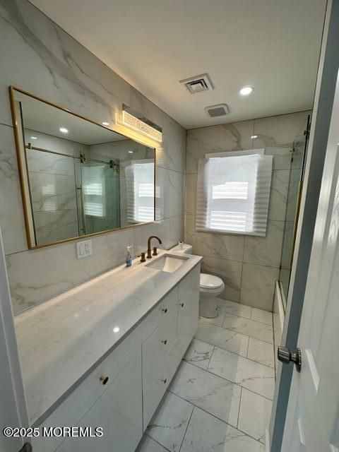 Bathroom, Glass Shower, Interior, Marble, Marble Walls, Recessed Lighting