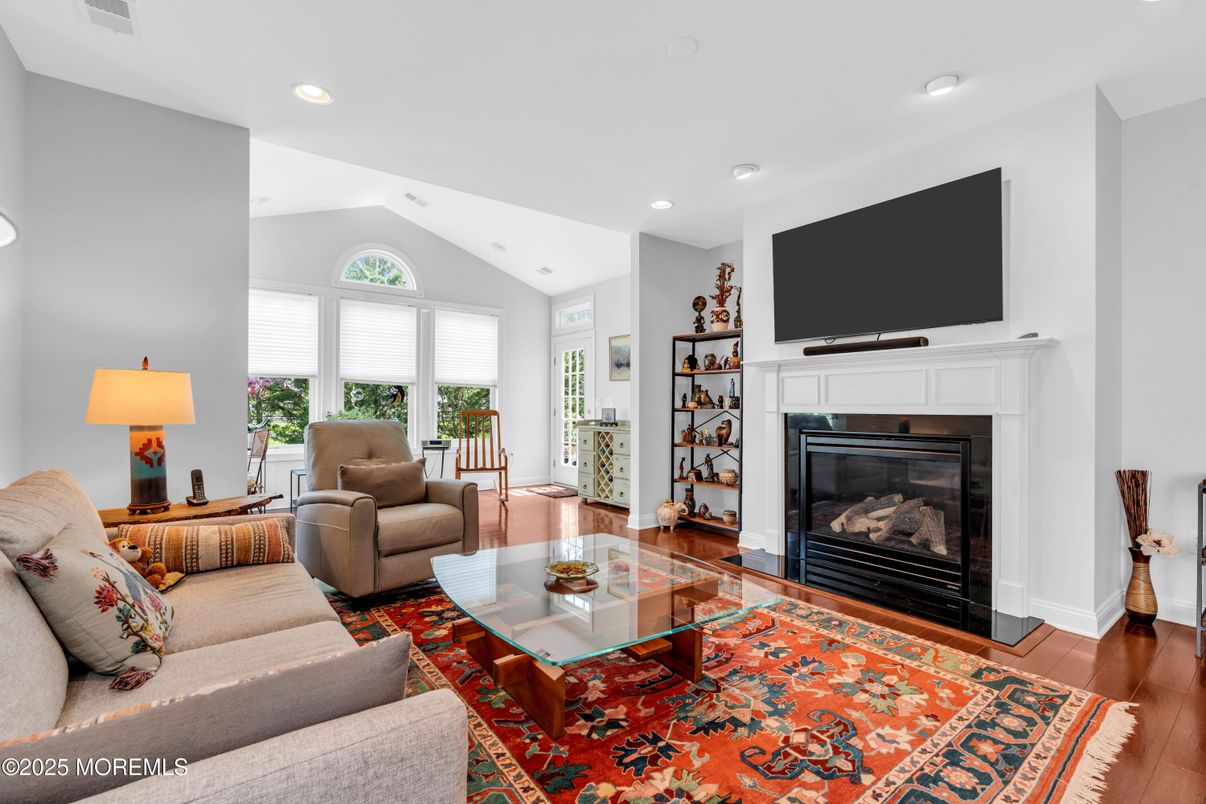 Fireplace, Interior, Living room, Recessed Lighting, Wood Texture Flooring