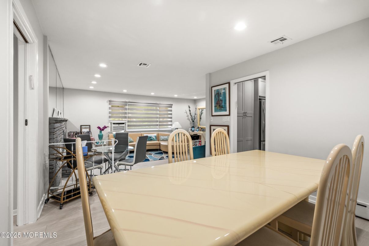 Dining room, Interior, Recessed Lighting, Wood Texture Flooring