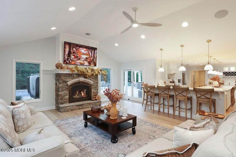 Fireplace, Interior, Kitchen, Living room, Pendant Lights, Recessed Lighting, Wood Texture Flooring