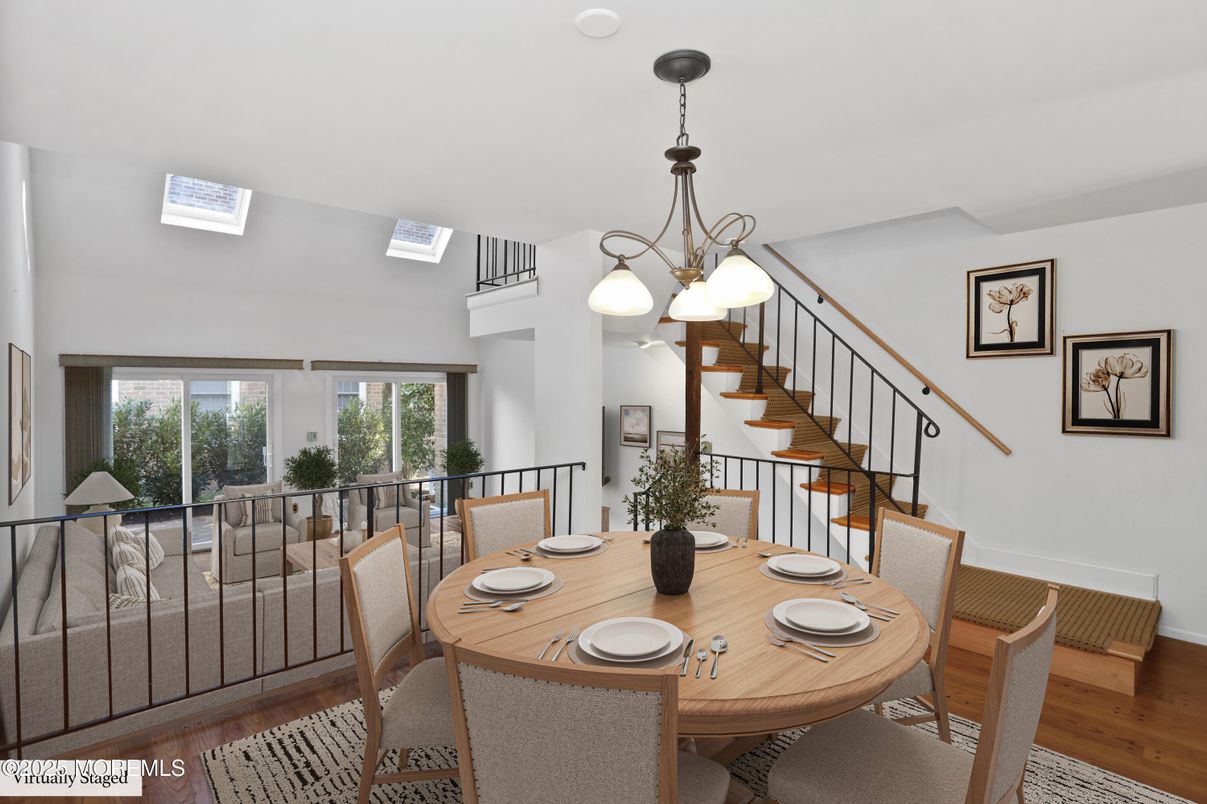 Dining room, Interior, Pendant Lights, Wood Texture Flooring