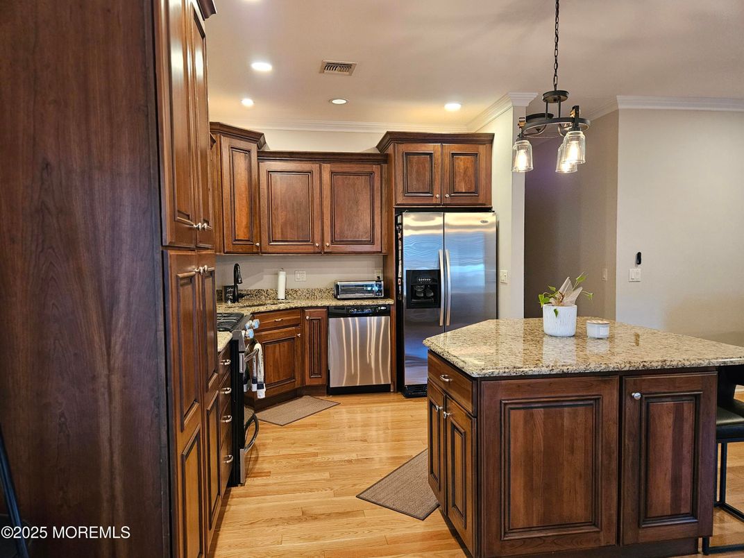 Interior, Kitchen, Pendant Lights, Recessed Lighting, Stainless Steel Appliances, Wood Texture Flooring