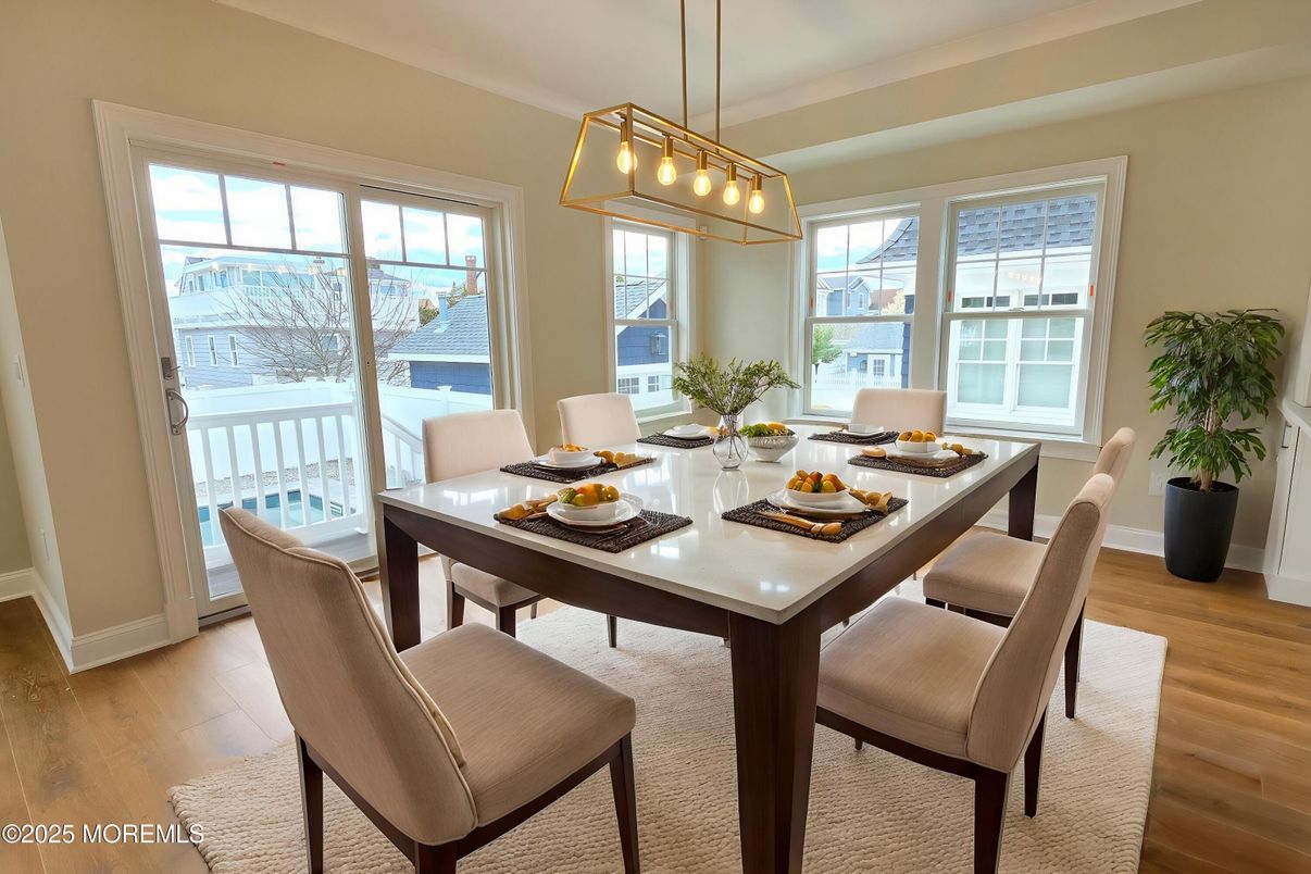 Dining room, Interior, Pendant Lights, Wood Texture Flooring