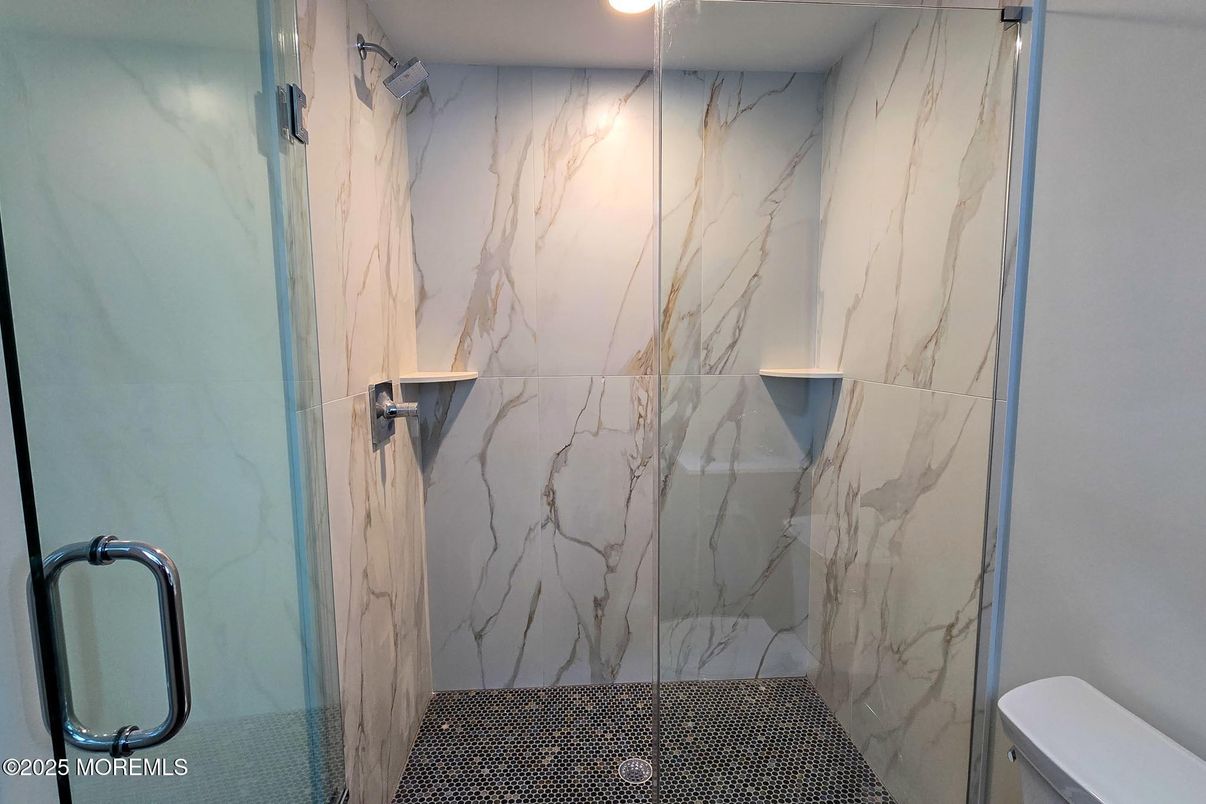 Bathroom, Glass Shower, Interior, Marble Walls, Recessed Lighting