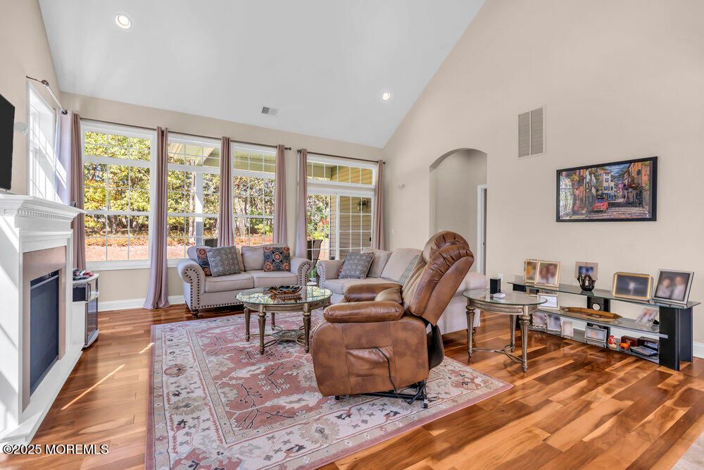 Fireplace, Home Office, Interior, Living room, Recessed Lighting, Wood Texture Flooring