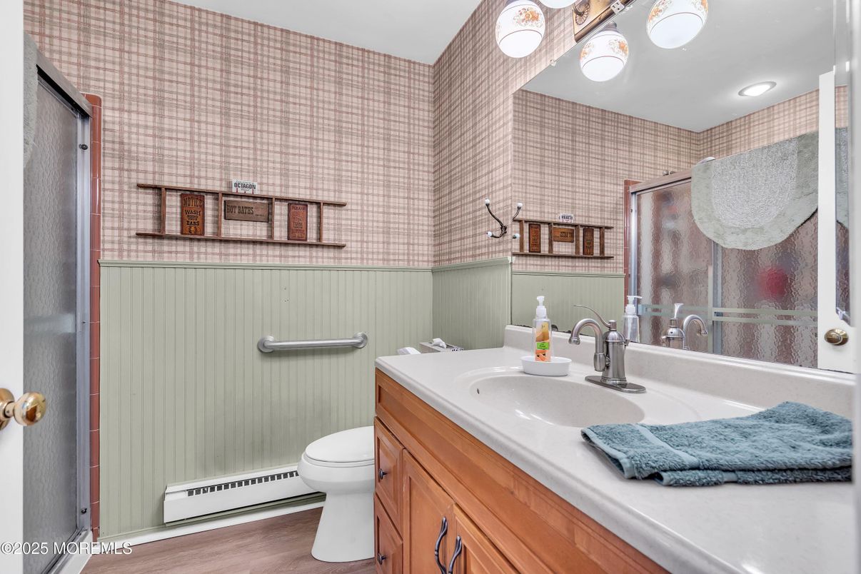 Bathroom, Glass Shower, Interior, Recessed Lighting, Wood Texture Flooring