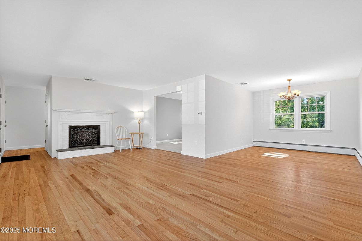 Chandelier, Empty room, Fireplace, Interior, Wood Texture Flooring