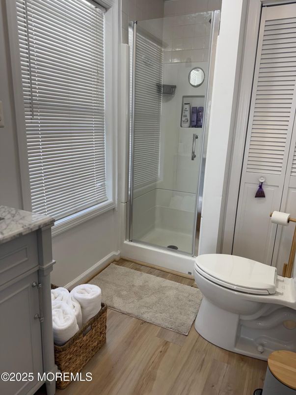 Bathroom, Glass Shower, Interior, Wood Texture Flooring