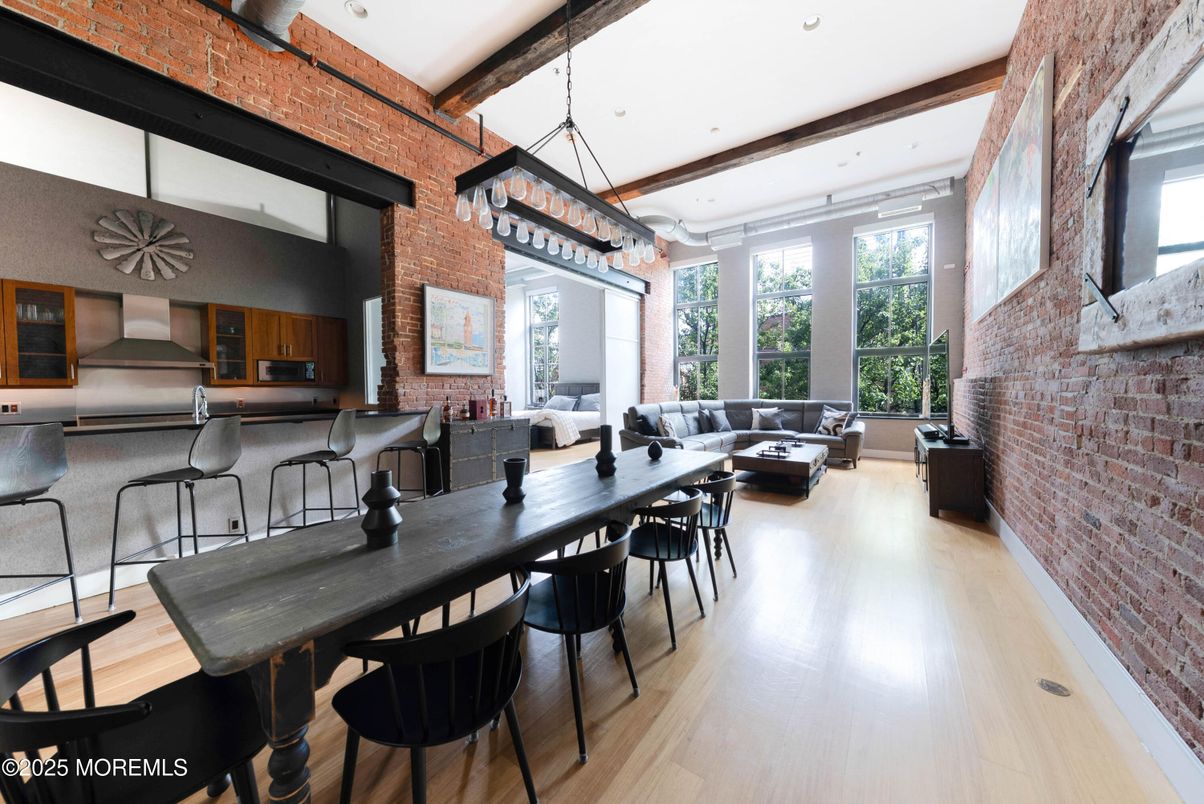 Dining room, Interior, Kitchen, Living room, Pendant Lights, Recessed Lighting, Stone Walls, Wooden Beams, Wood Texture Flooring