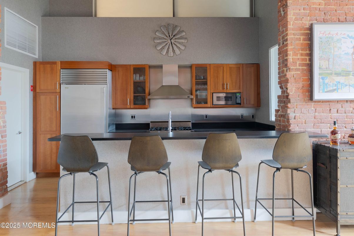 Interior, Kitchen, Stainless Steel Appliances, Stone Walls, Wood Texture Flooring