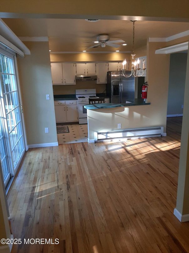 Chandelier, Interior, Kitchen, Pendant Lights, Wood Texture Flooring