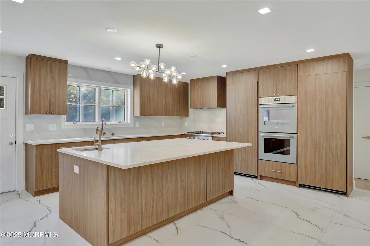 Interior, Kitchen, Marble, Pendant Lights, Recessed Lighting, Stainless Steel Appliances