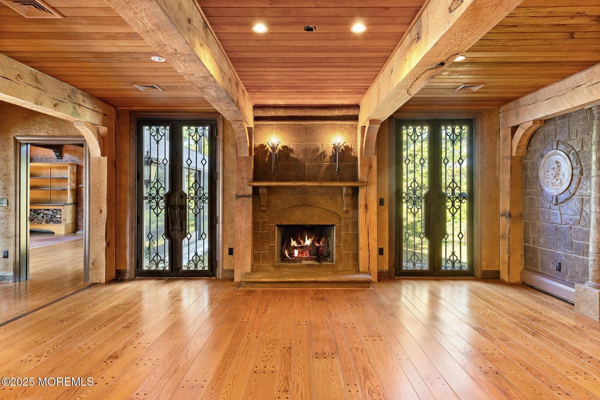 Empty room, Fireplace, Interior, Recessed Lighting, Wooden Beams, Wooden Ceilings, Wood Texture Flooring, Wooden Walls