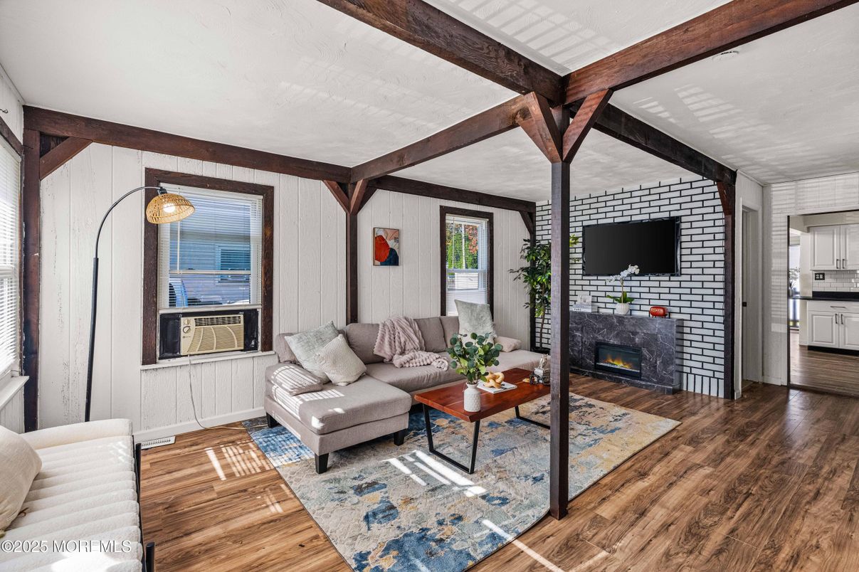 Fireplace, Interior, Living room, Wooden Beams, Wood Texture Flooring