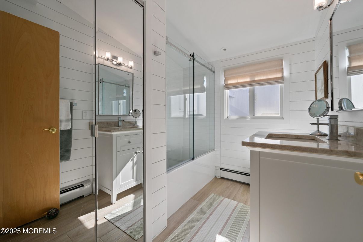 Bathroom, Glass Shower, Interior, Wood Texture Flooring