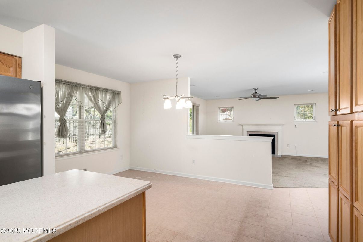 Empty room, Fireplace, Interior, Kitchen, Pendant Lights, Recessed Lighting