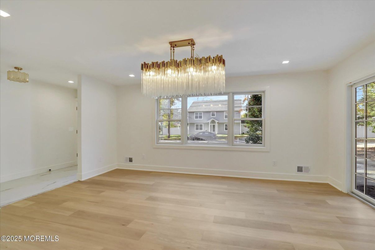 Chandelier, Empty room, Interior, Recessed Lighting, Wood Texture Flooring
