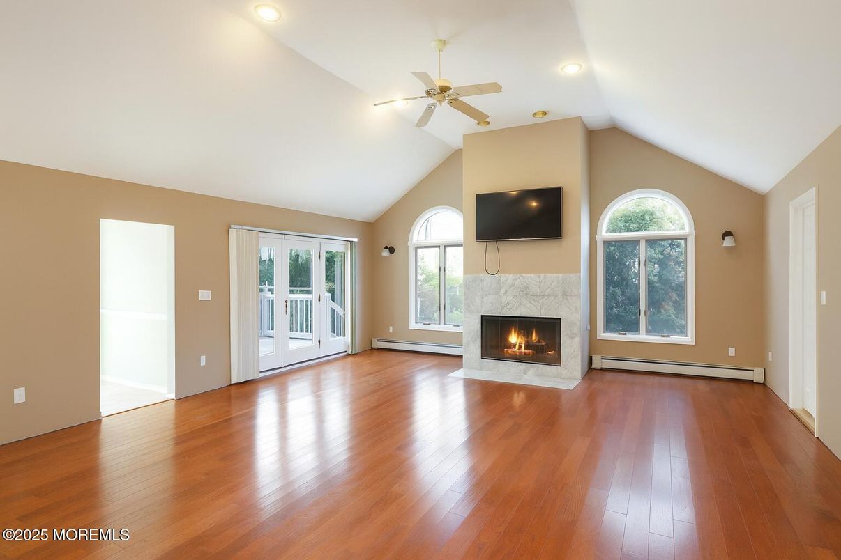 Empty room, Fireplace, Interior, Recessed Lighting, Wood Texture Flooring