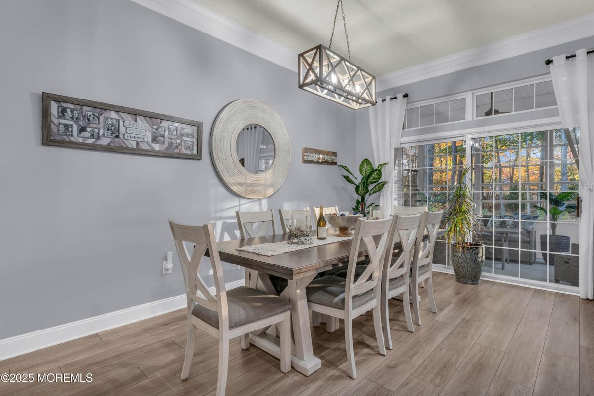 Dining room, Interior, Pendant Lights, Wood Texture Flooring