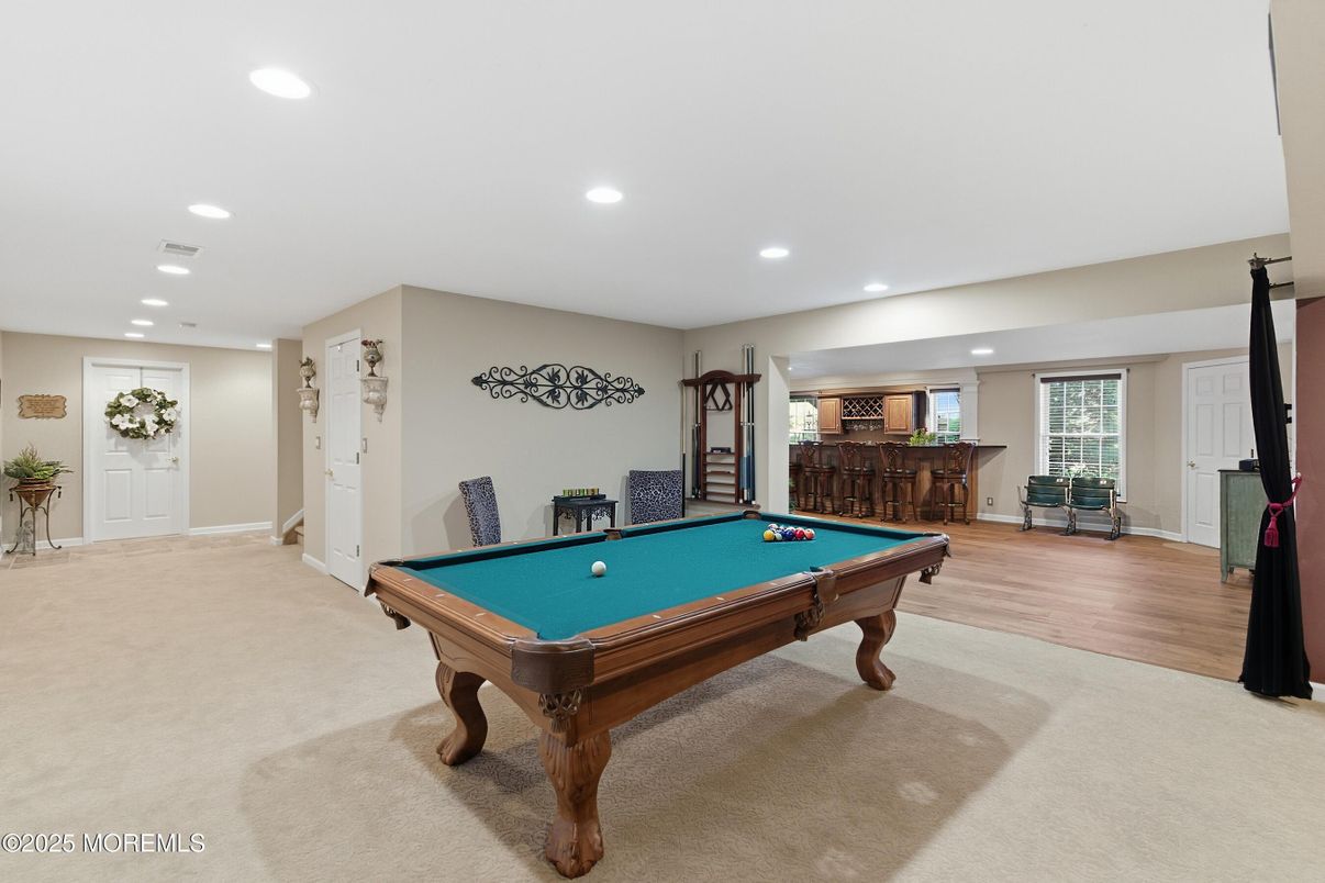Billiard Table, Game Room, Interior, Recessed Lighting, Wood Texture Flooring