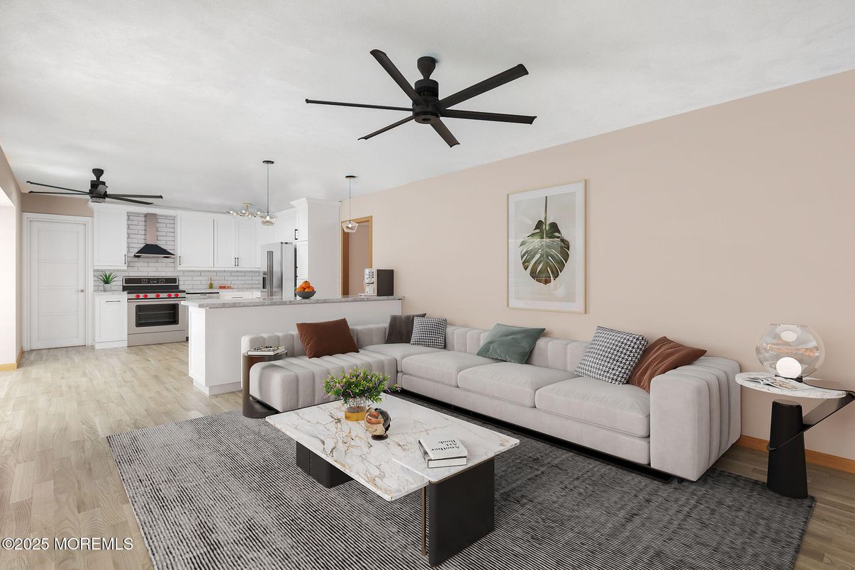 Interior, Kitchen, Living room, Pendant Lights, Stainless Steel Appliances, Wood Texture Flooring