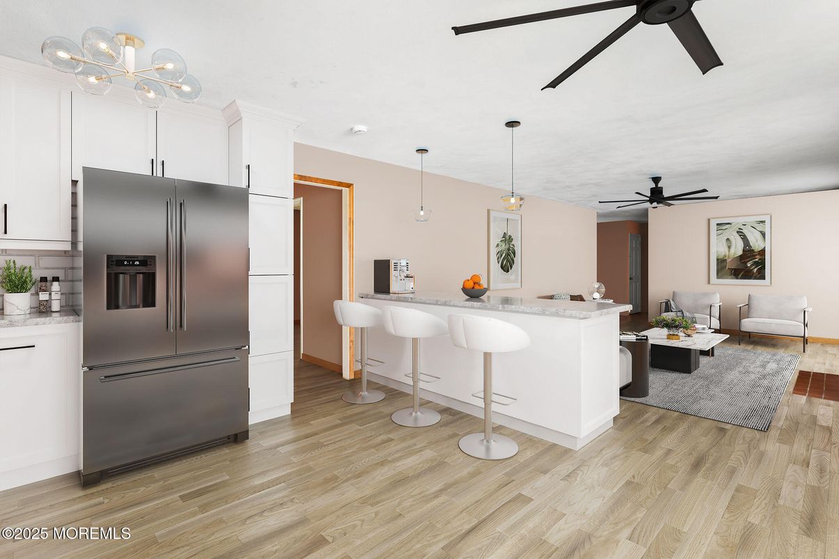 Interior, Kitchen, Pendant Lights, Wood Texture Flooring