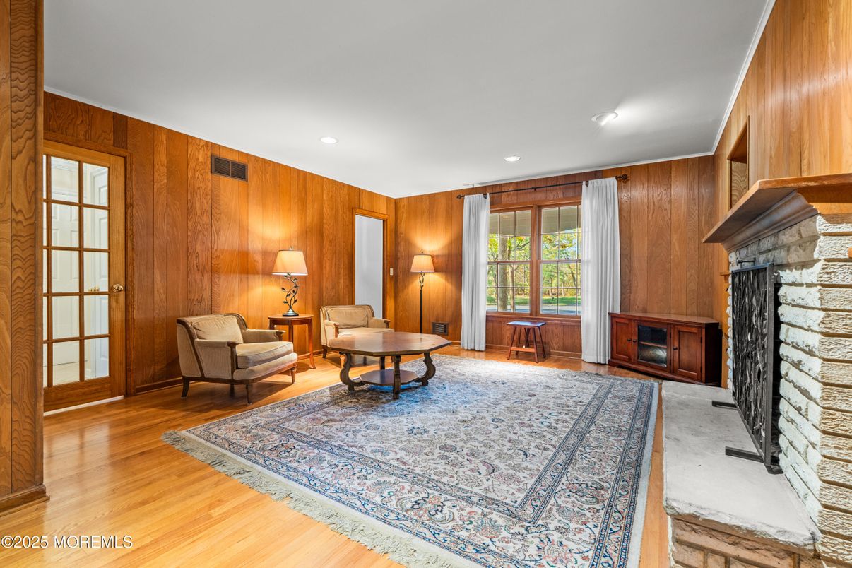 Fireplace, Interior, Recessed Lighting, Wood Texture Flooring, Wooden Walls