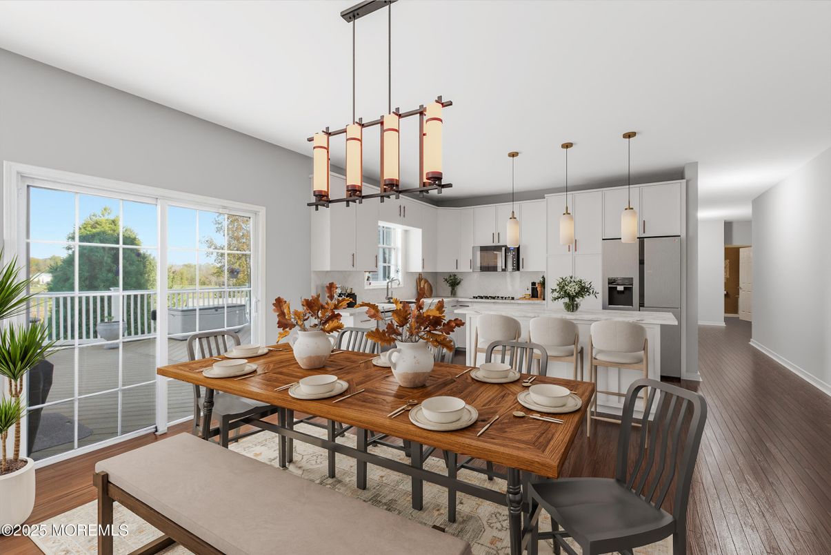Dining room, Interior, Kitchen, Pendant Lights, Wood Texture Flooring