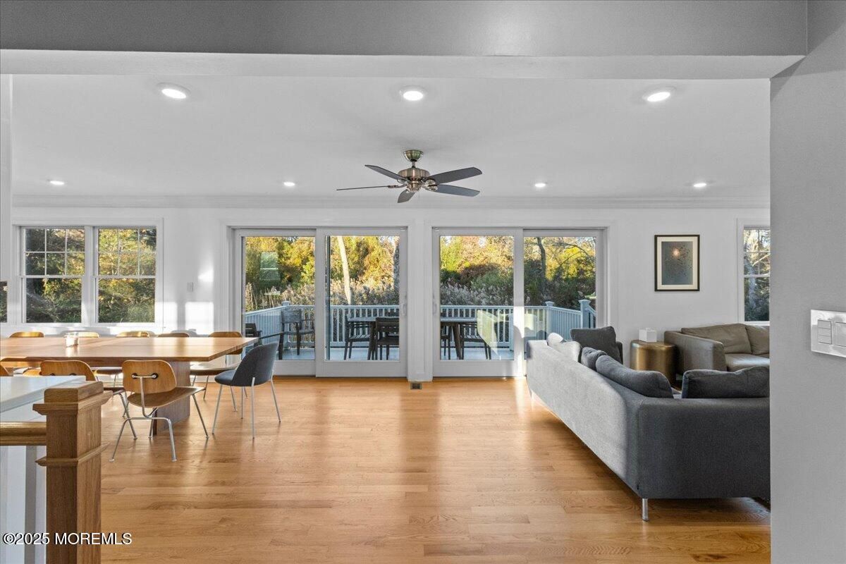 Dining room, Interior, Living room, Recessed Lighting, Wood Texture Flooring