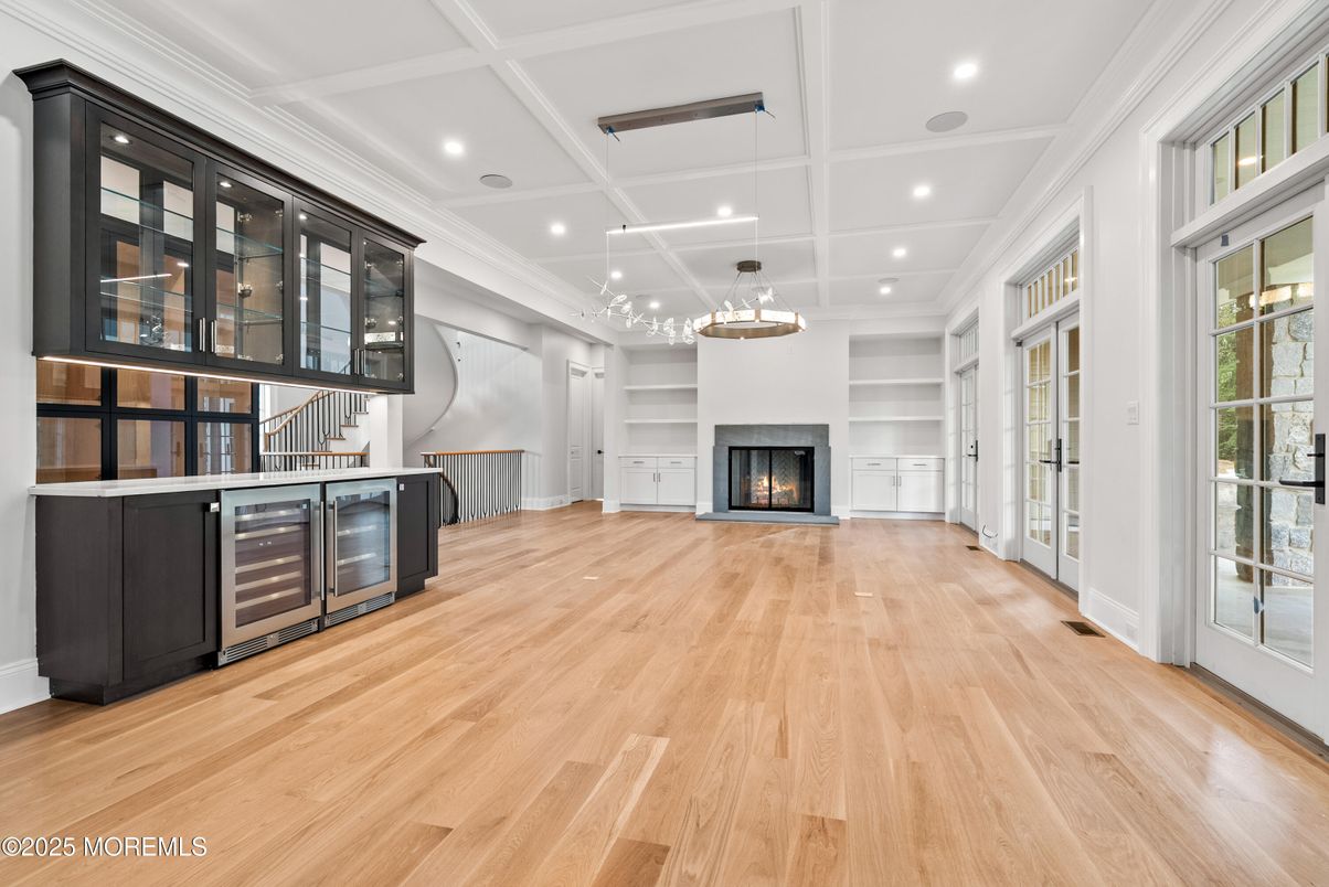 Fireplace, Interior, Pendant Lights, Recessed Lighting, Wood Texture Flooring