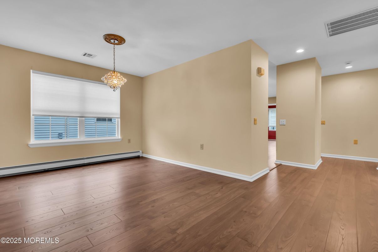 Chandelier, Empty room, Interior, Recessed Lighting, Wood Texture Flooring