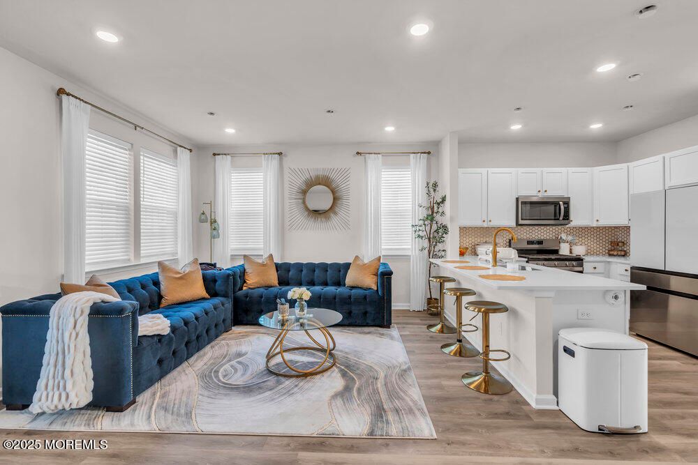 Interior, Kitchen, Living room, Recessed Lighting, Stainless Steel Appliances, Wood Texture Flooring