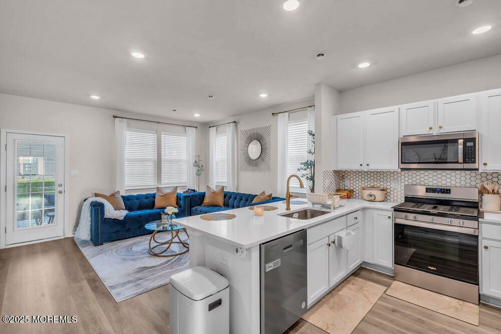 Interior, Kitchen, Living room, Recessed Lighting, Stainless Steel Appliances, Wood Texture Flooring