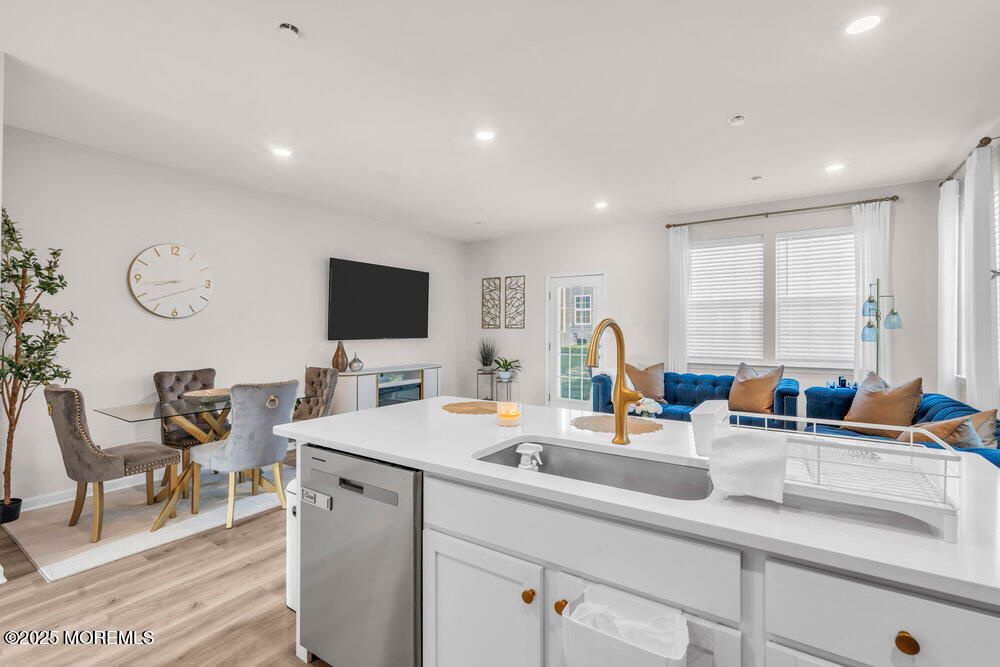 Dining room, Interior, Kitchen, Living room, Recessed Lighting, Wood Texture Flooring