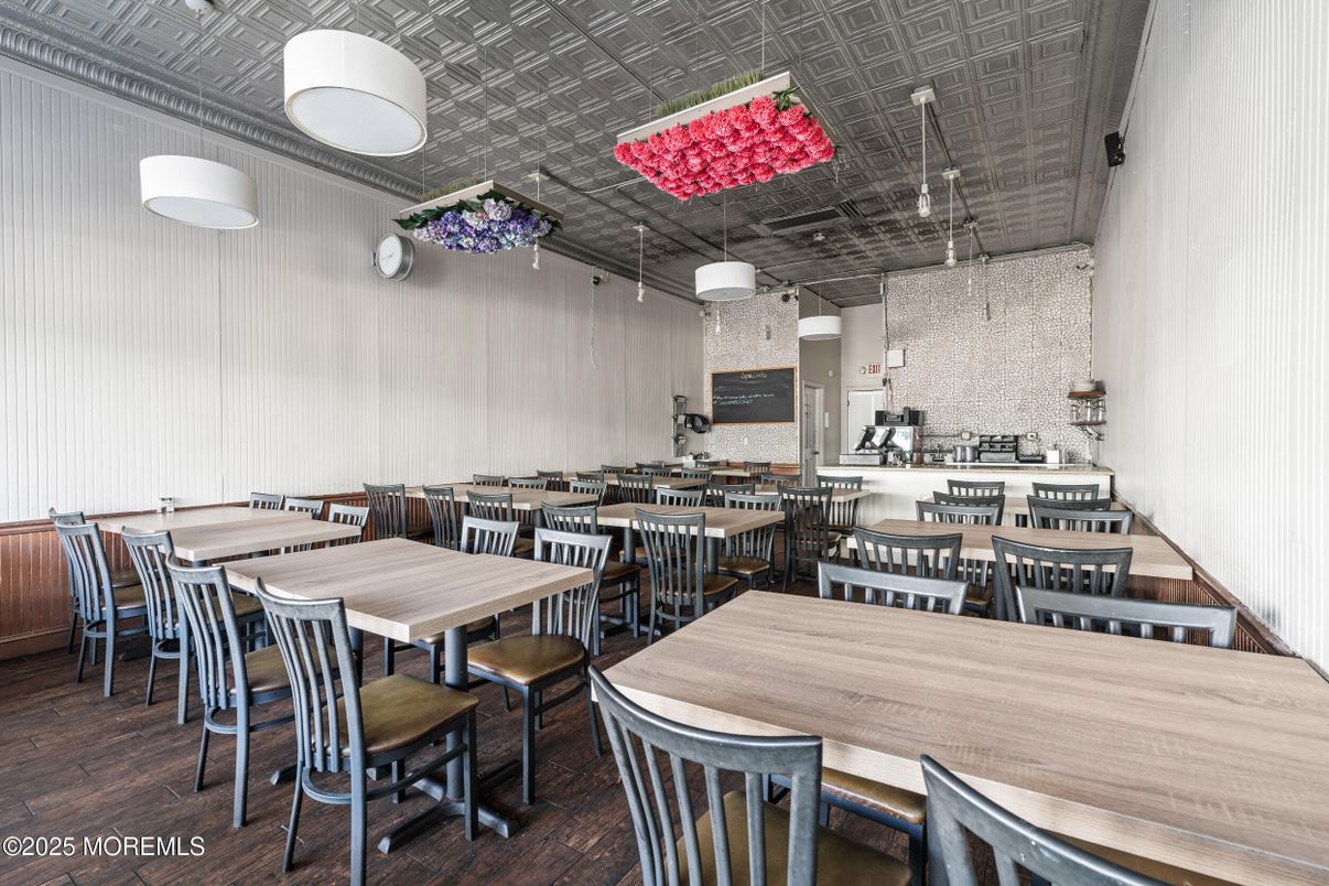 Dining room, Interior, Pendant Lights, Wood Texture Flooring