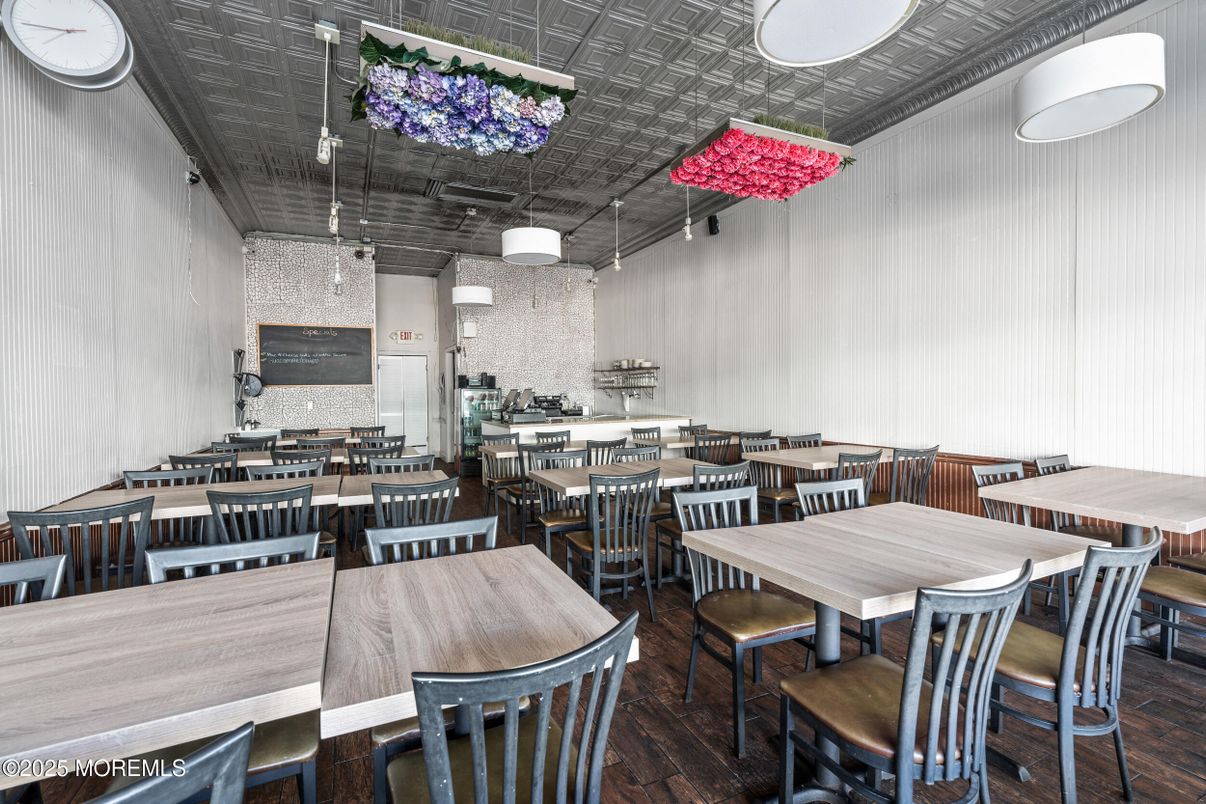 Dining room, Interior, Pendant Lights, Wood Texture Flooring