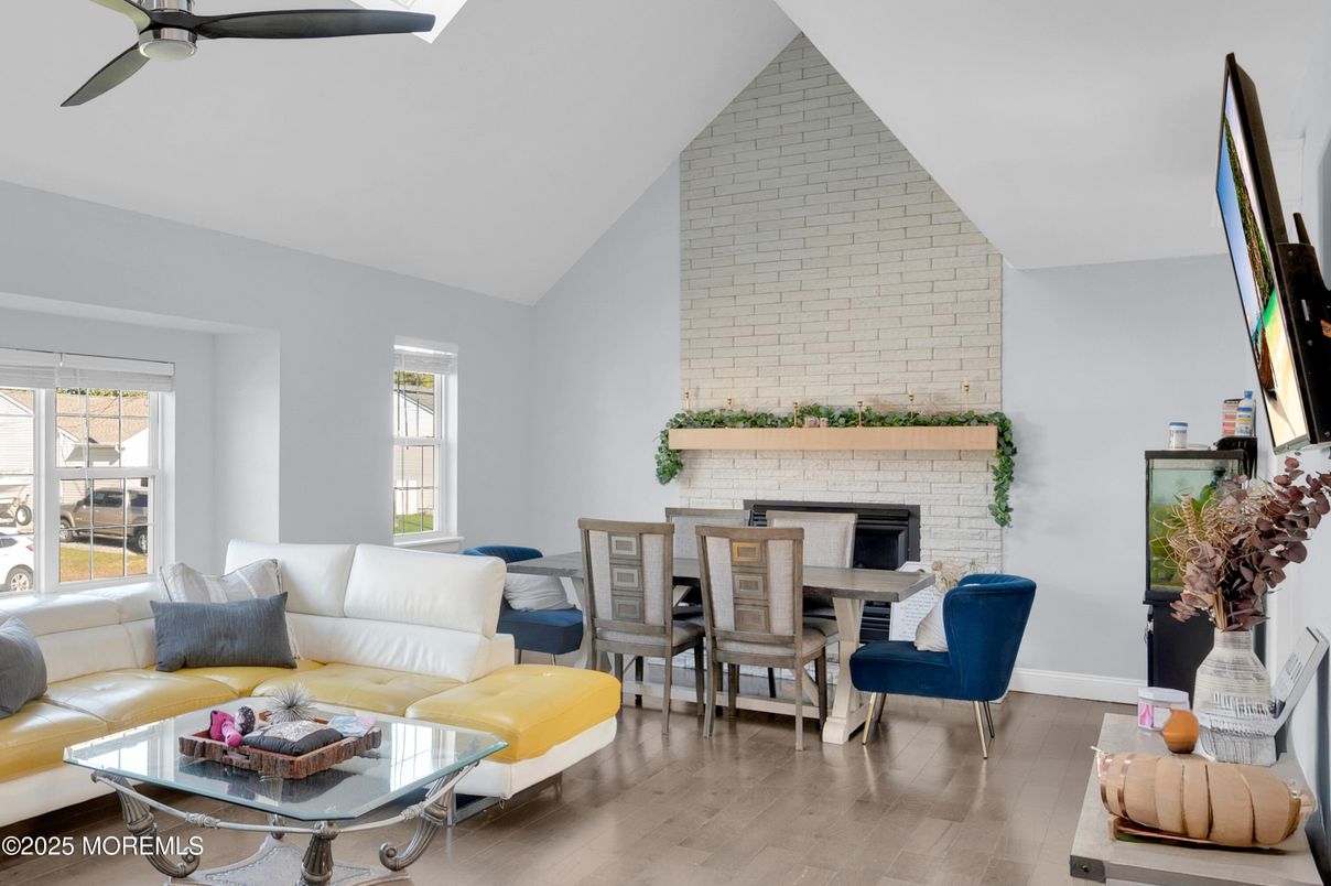 Dining room, Fireplace, Interior, Living room, Stone Walls, Wood Texture Flooring