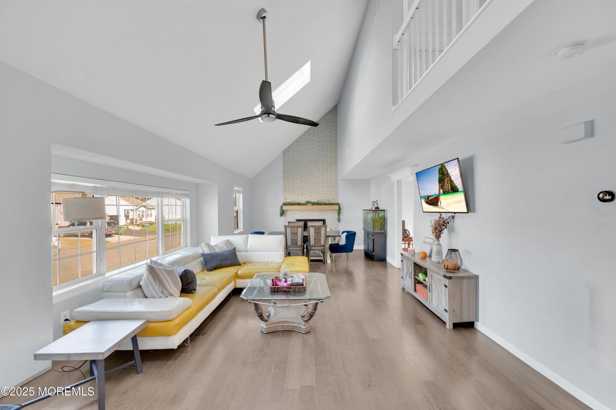 Dining room, Fireplace, Interior, Living room, Stone Walls, Wood Texture Flooring