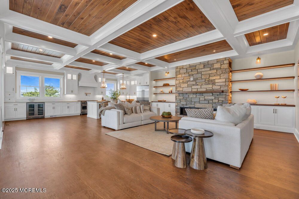 Fireplace, Interior, Kitchen, Living room, Pendant Lights, Recessed Lighting, Stone Walls, Wooden Ceilings, Wood Texture Flooring