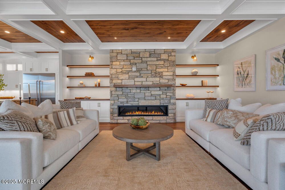 Fireplace, Interior, Living room, Recessed Lighting, Stone Walls, Wooden Ceilings, Wood Texture Flooring