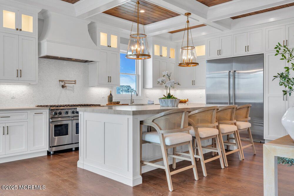 Interior, Kitchen, Pendant Lights, Recessed Lighting, Stainless Steel Appliances, Wooden Beams, Wooden Ceilings, Wood Texture Flooring