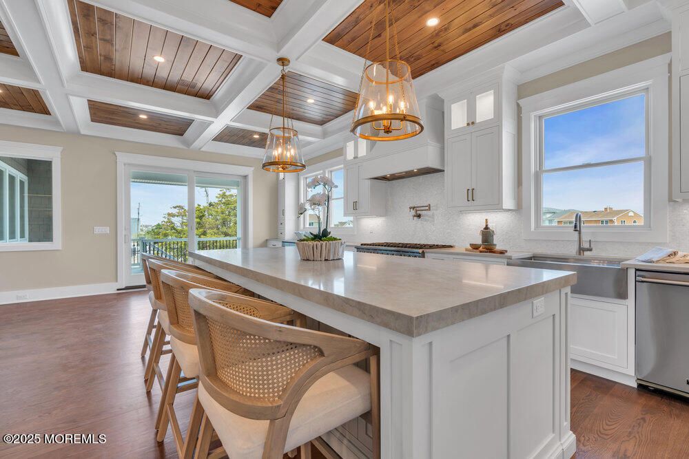 Interior, Kitchen, Pendant Lights, Recessed Lighting, Stainless Steel Appliances, Wooden Ceilings, Wood Texture Flooring