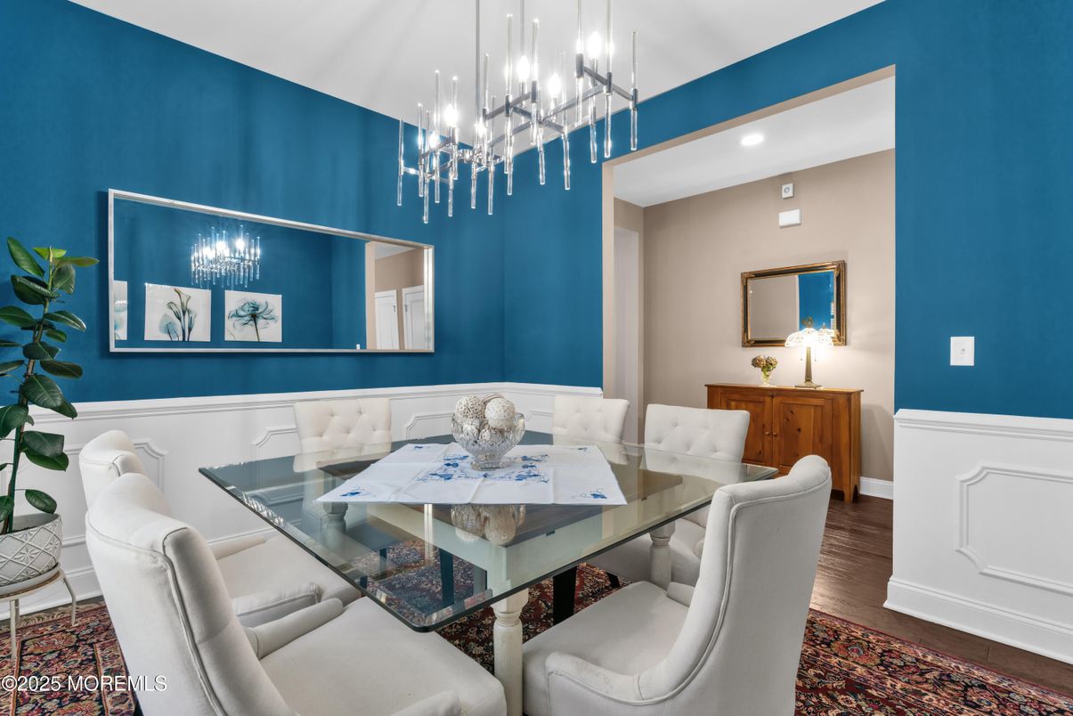 Dining room, Interior, Pendant Lights, Recessed Lighting, Wood Texture Flooring