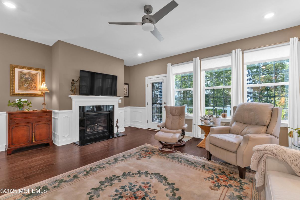 Fireplace, Interior, Living room, Recessed Lighting, Wood Texture Flooring