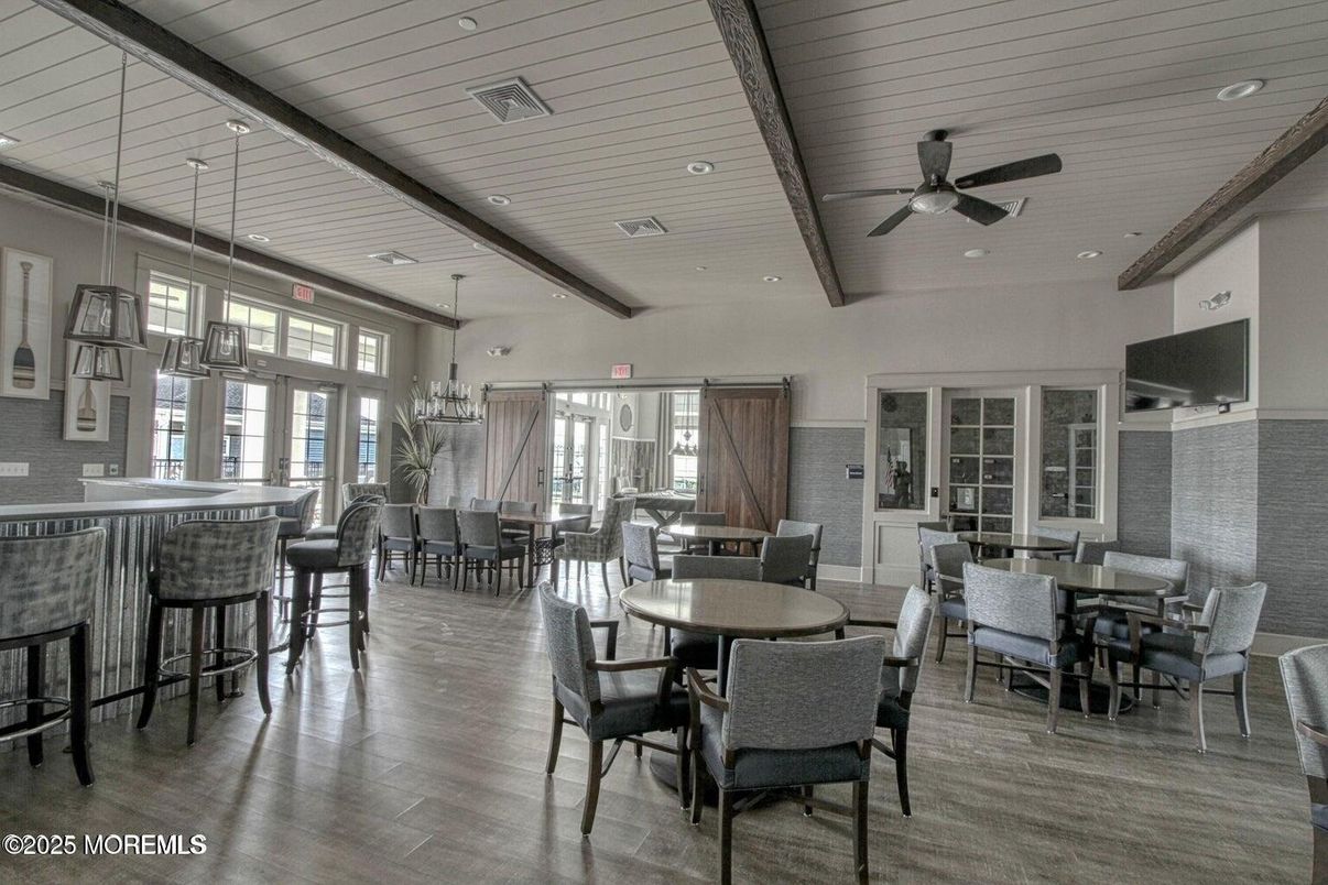 Dining room, Interior, Pendant Lights, Recessed Lighting, Wooden Beams, Wood Texture Flooring