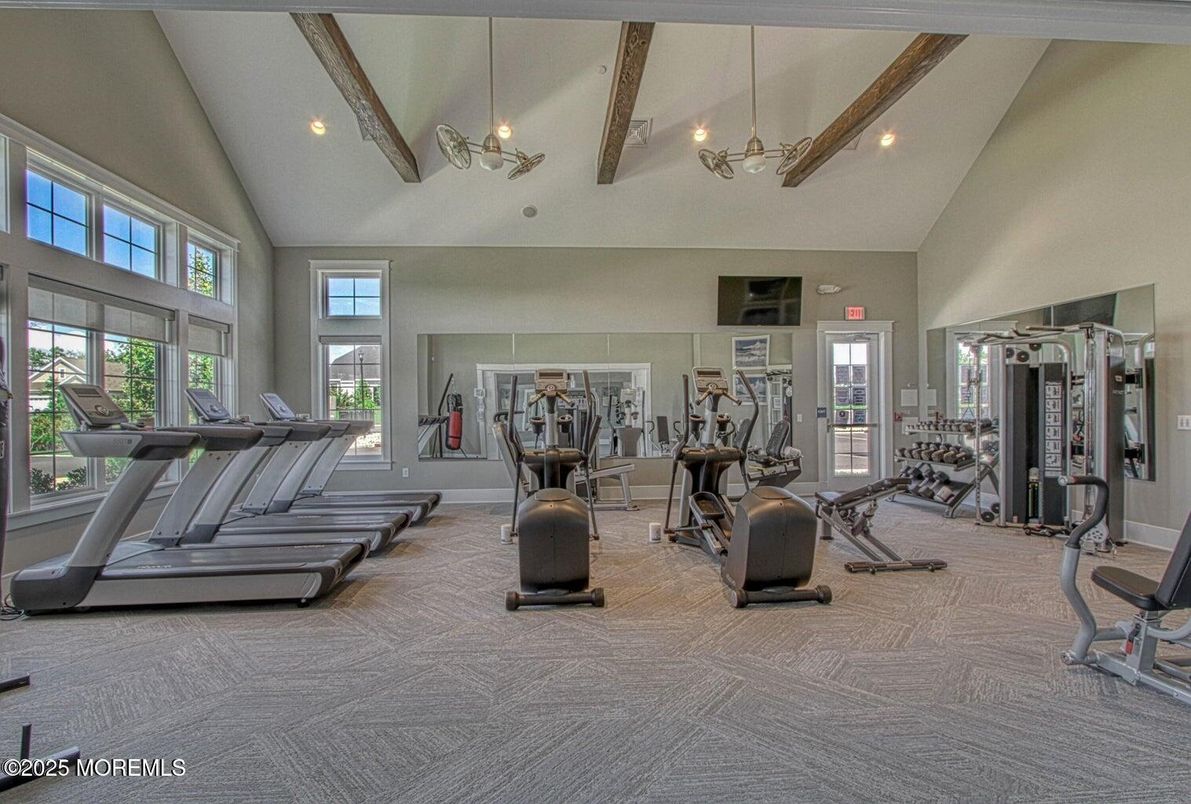 Fitness Equipment, Gym, Interior, Recessed Lighting, Wooden Beams